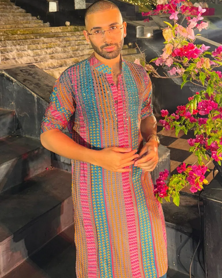 Teal Fuchsia Stripe Print & Embellished Kurta With Solid Teal Pants