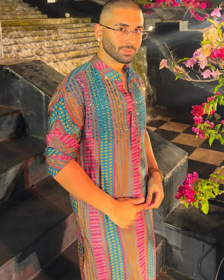 Teal Fuchsia Stripe Print & Embellished Kurta With Solid Teal Pants