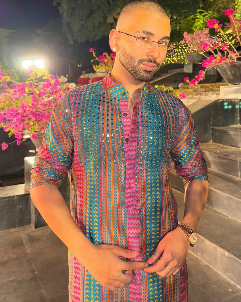 Teal Fuchsia Stripe Print & Embellished Kurta With Solid Teal Pants