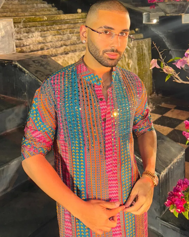 Teal Fuchsia Stripe Print & Embellished Kurta With Solid Teal Pants