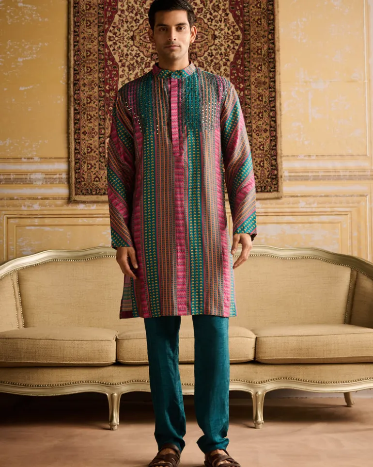 Teal Fuchsia Stripe Print & Embellished Kurta With Solid Teal Pants