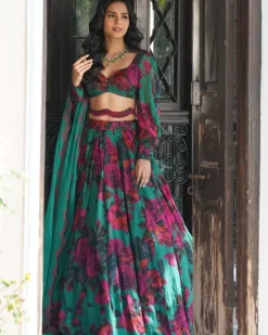 Teal Green Chiffon Floral Lehenga Set