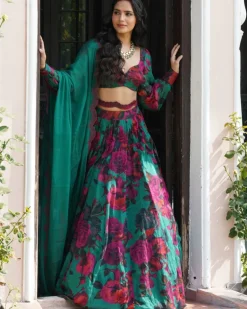 Teal Green Chiffon Floral Lehenga Set