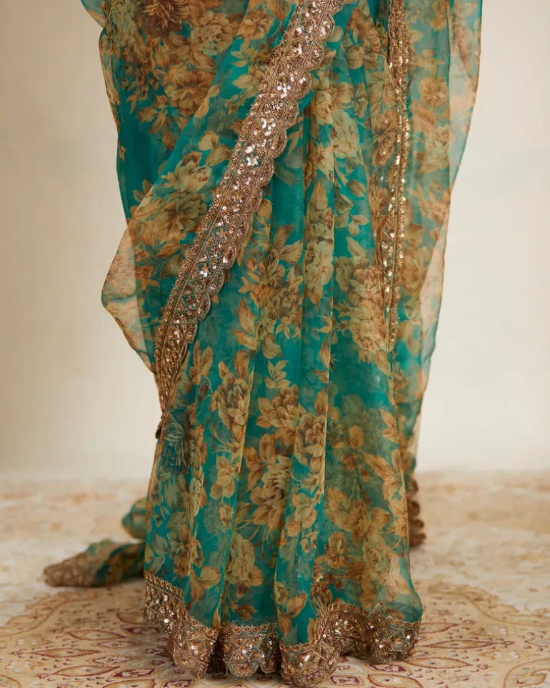 Teal Green Floral Sari Set