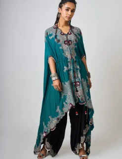 Teal Hand Embroidered Closed Dupatta & Black Drape Pants Set