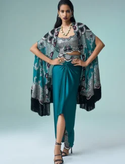Teal Hand Embroidered Midi Cape & Pick Up Skirt Set