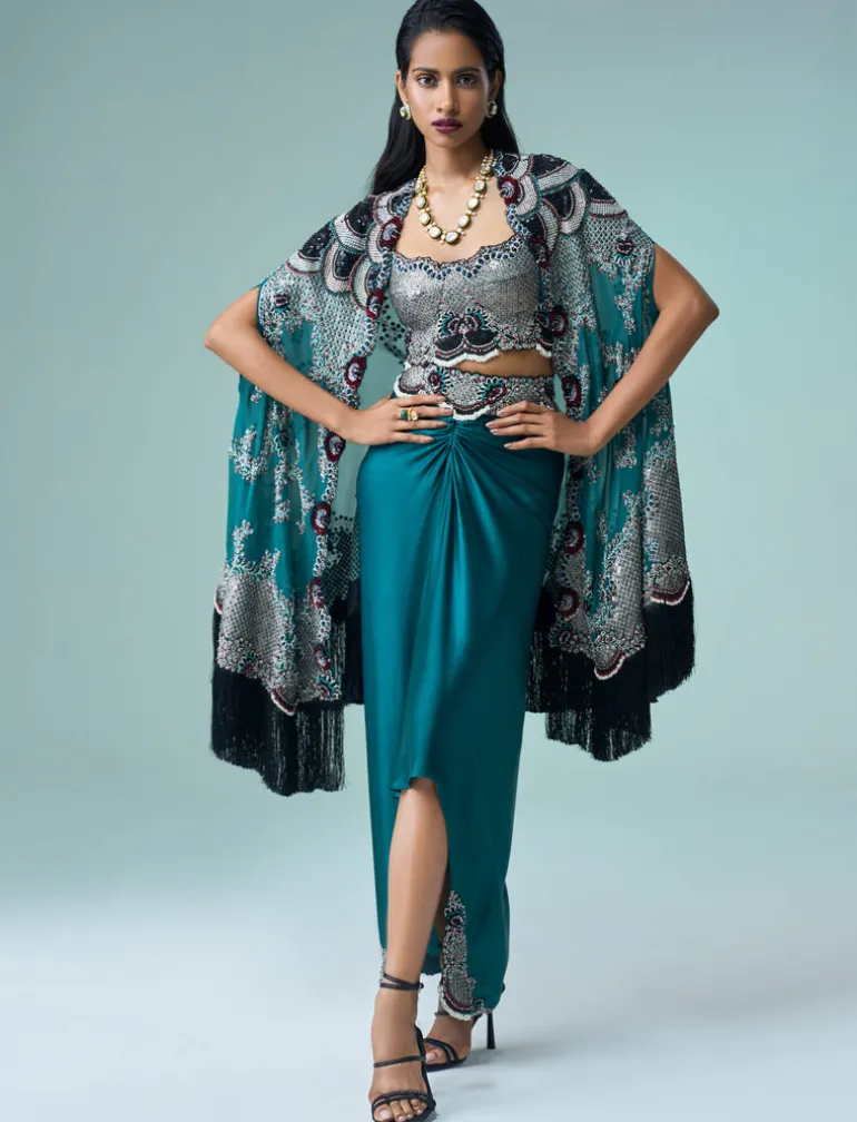 Teal Hand Embroidered Midi Cape & Pick Up Skirt Set