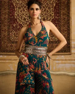 Teal Jumpsuit With Embroidered Belt