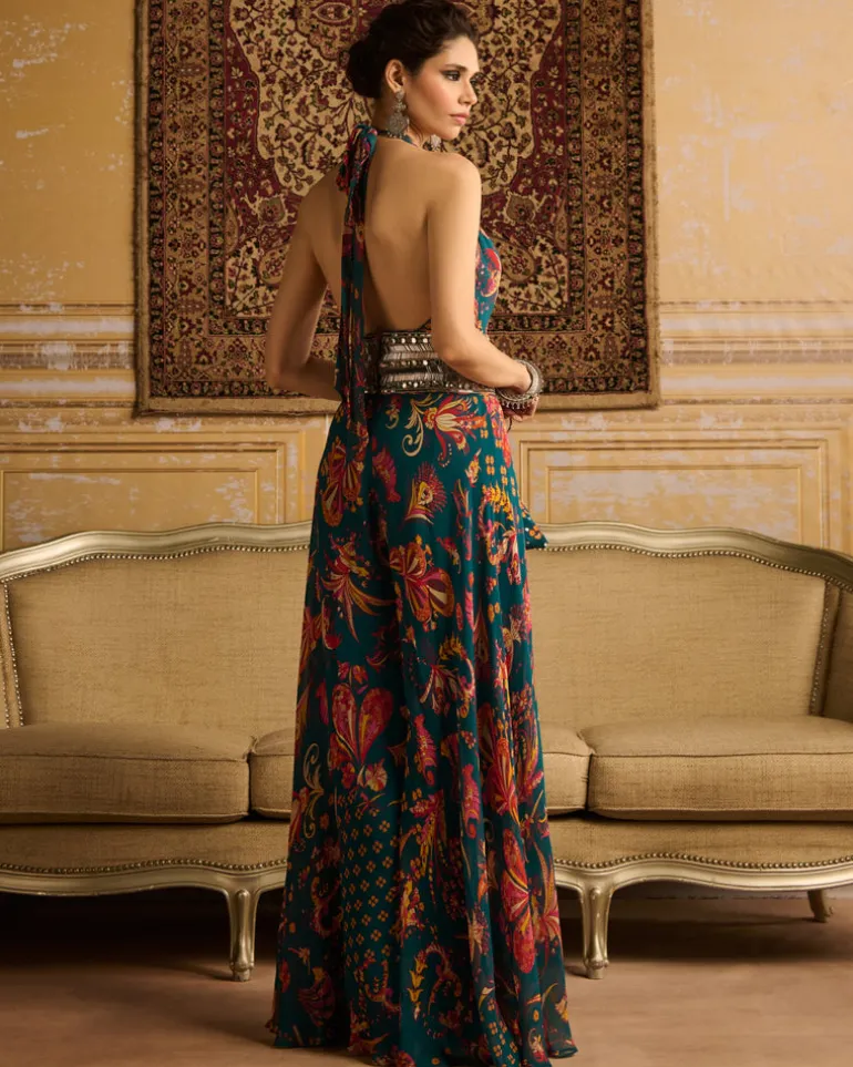 Teal Jumpsuit With Embroidered Belt