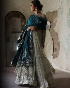 Teal Katan With Aqua Embroidered Lehenga Set