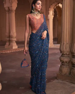 Teal Stripe Print and Highlighted Sari Set