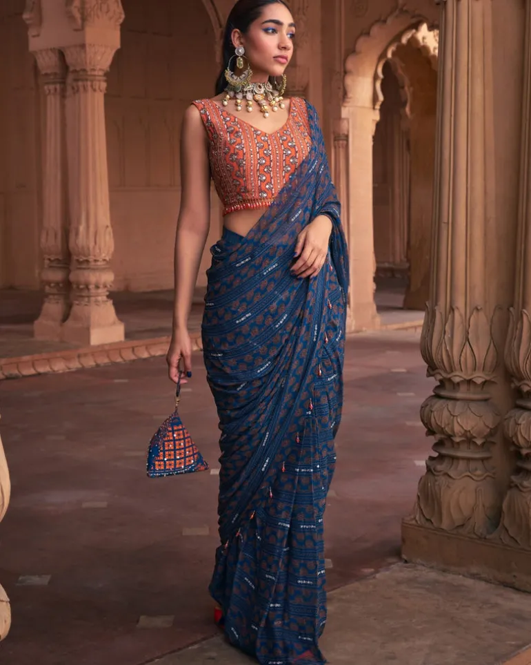Teal Stripe Print and Highlighted Sari Set