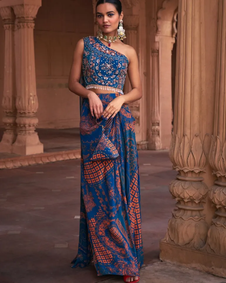 Teal Thikri Print And Highlighted Skirt Set