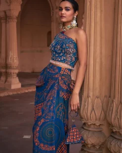 Teal Thikri Print And Highlighted Skirt Set