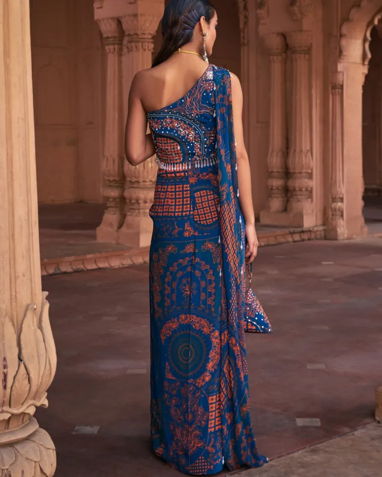 Teal Thikri Print And Highlighted Skirt Set