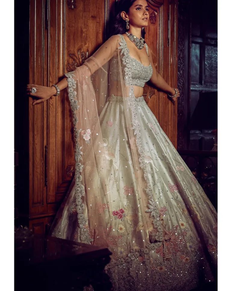 The Ice Blue Flamingo Landscape Lehenga Set