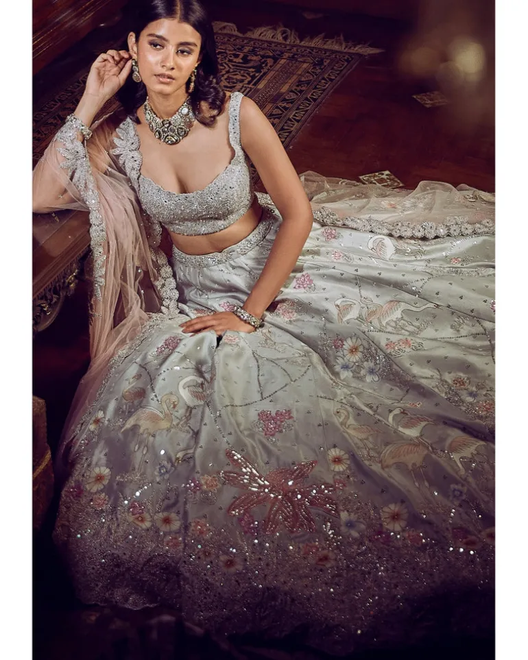 The Ice Blue Flamingo Landscape Lehenga Set