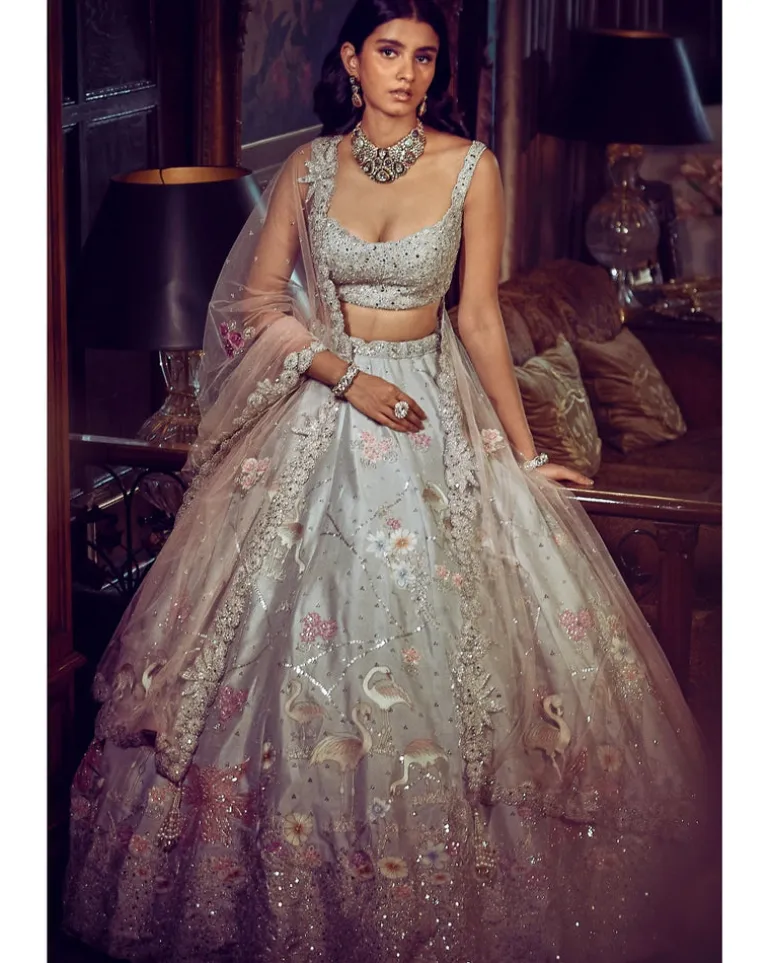 The Ice Blue Flamingo Landscape Lehenga Set