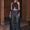 Tiana Black Full Embroidered Crop Top Pants Set