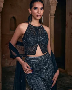 Tiana Black Full Embroidered Crop Top Pants Set