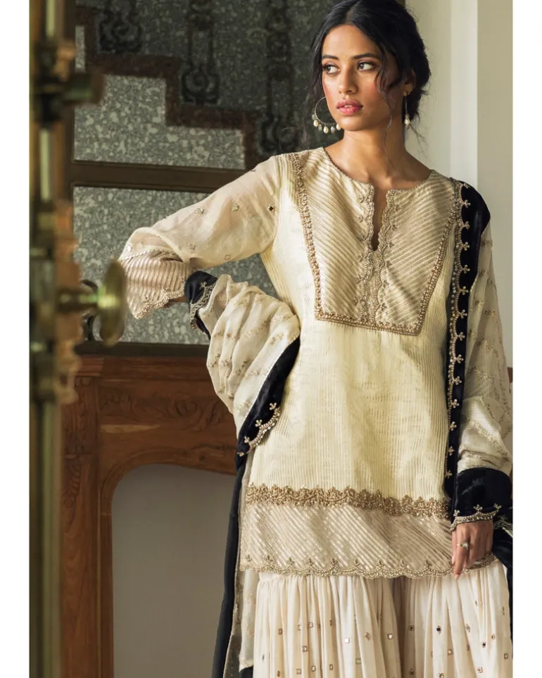 Tissue Chanderi Kurta With Mirror Work Gharara