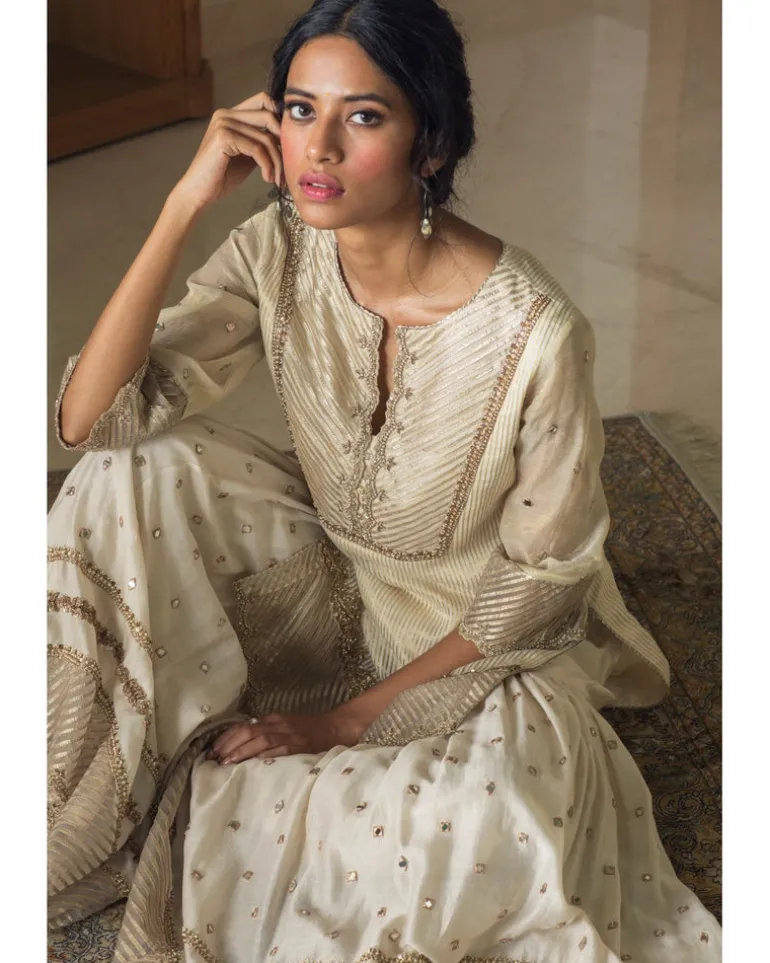 Tissue Chanderi Kurta With Mirror Work Gharara