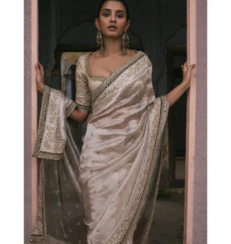 Tissue Sari With Gota and Cutdana Work