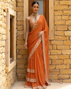 Toasted Orange Embroidered Tiered Sari Set