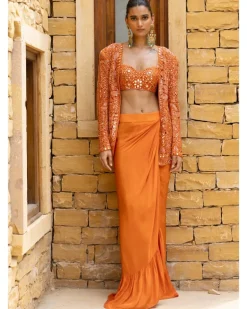 Toasted Orange Embroidered Jacket and Skirt Set