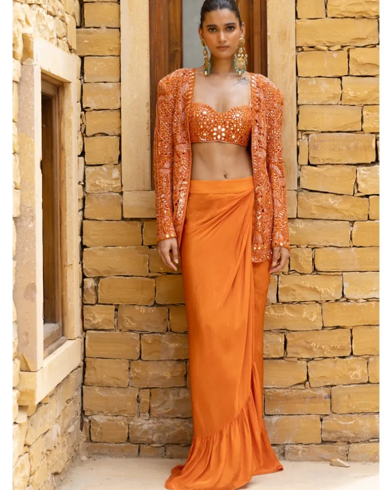 Toasted Orange Embroidered Jacket and Skirt Set