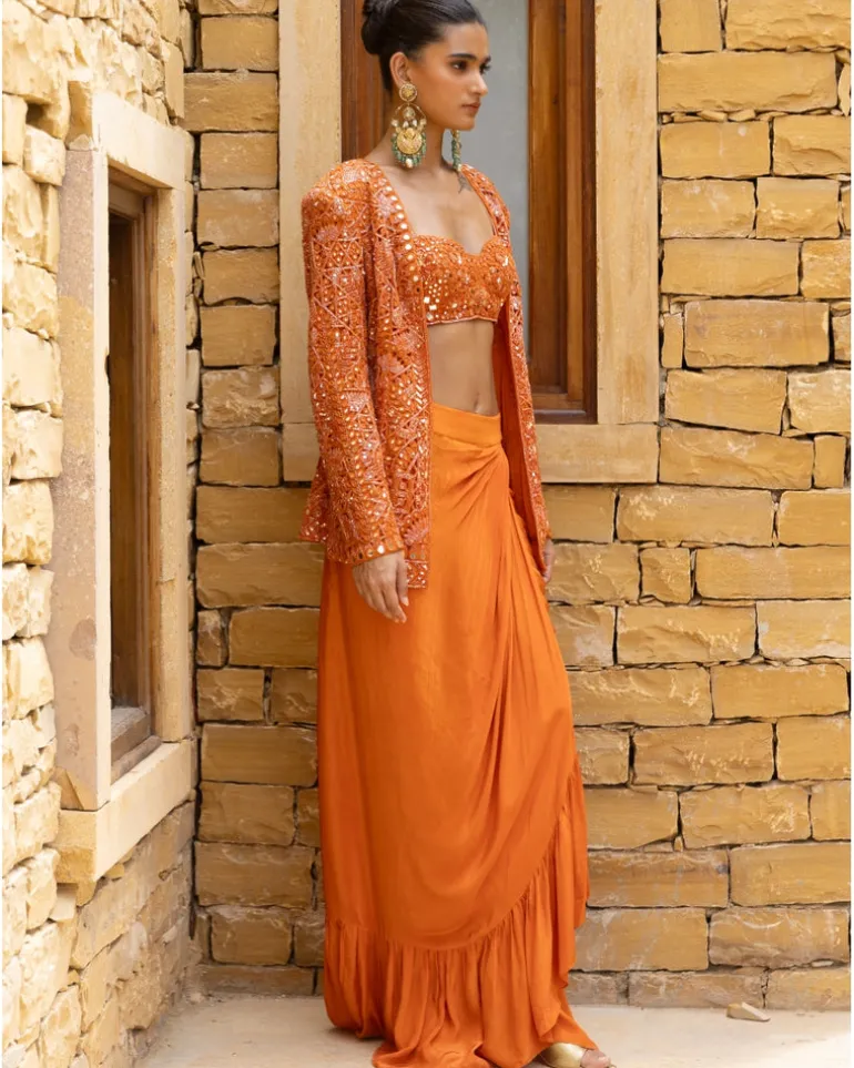 Toasted Orange Embroidered Jacket and Skirt Set