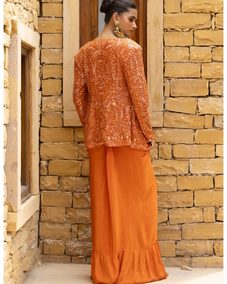 Toasted Orange Embroidered Jacket and Skirt Set