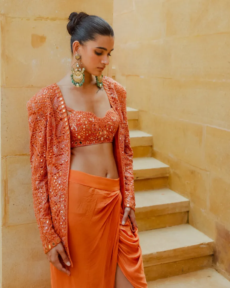 Toasted Orange Embroidered Jacket and Skirt Set