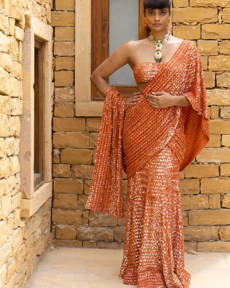 Toasted Orange Sequins Embroidered Sari Set
