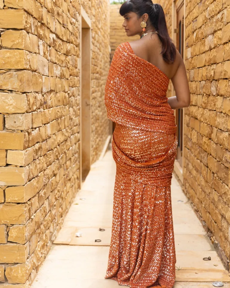 Toasted Orange Sequins Embroidered Sari Set