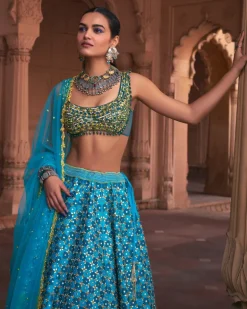 Turquoise Floral Print and Embroidered Lehenga Set
