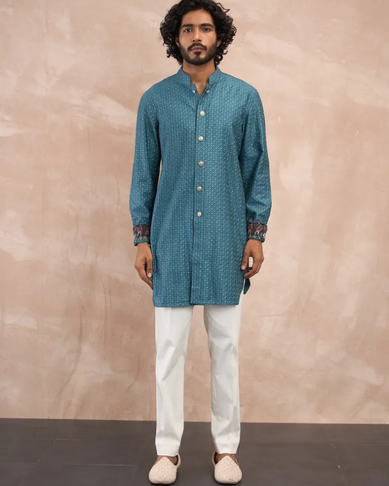 Turquoise Inara Motif Foe Nehru Jacket Set