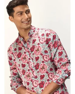 Turquoise Peonies Printed Kurta Set