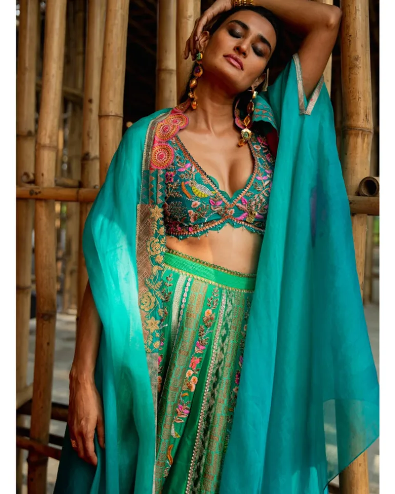 Turquoise Sharara And Cape Set