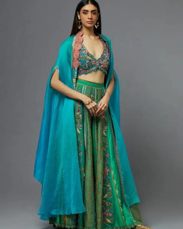Turquoise Sharara And Cape Set