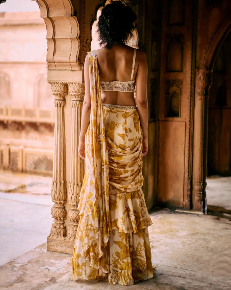 Tuscany Yellow Printed Floral Pre-Draped Sari Set
