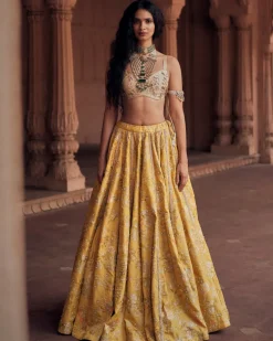 Tuscany Yellow Self Woven Jacquard Lehenga Set