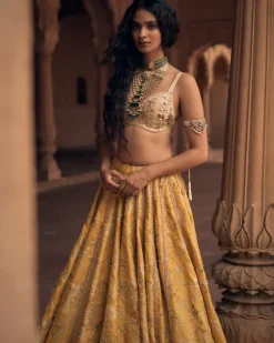 Tuscany Yellow Self Woven Jacquard Lehenga Set