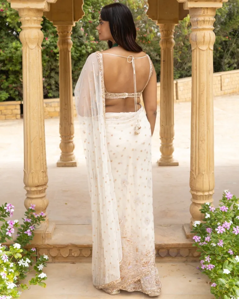Vanilla Lavender Embroidered Sari Set