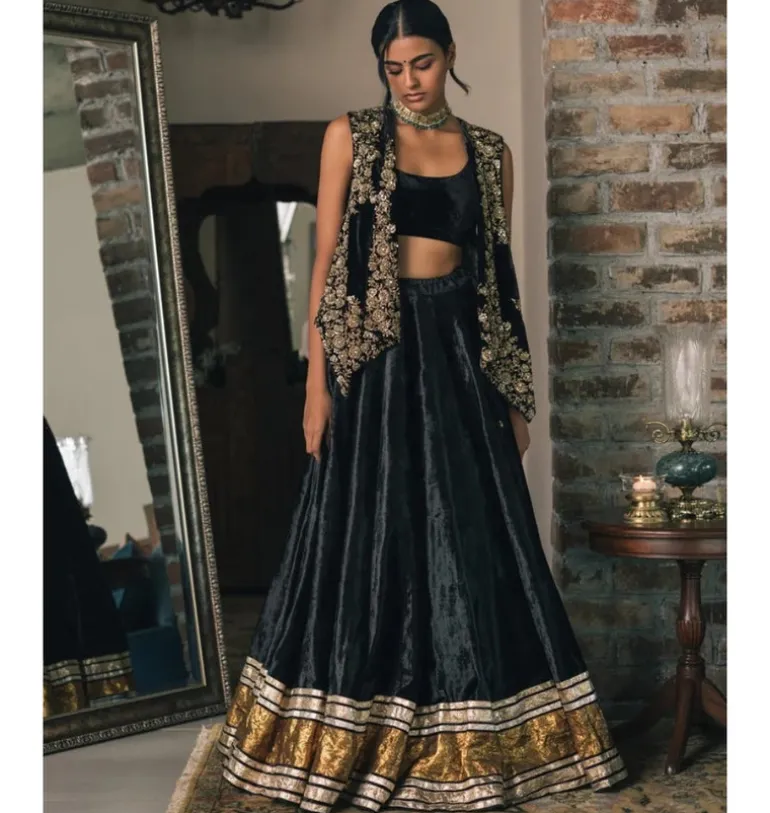 Velvet Jacket With Lehenga