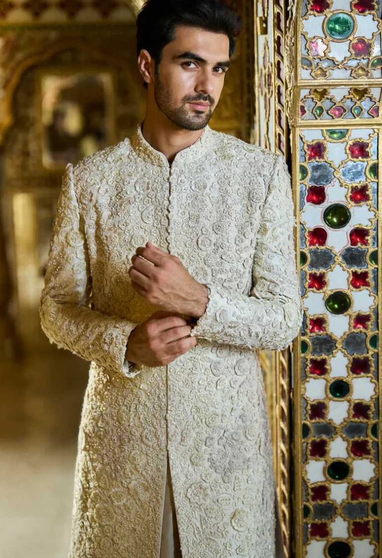 Vinatge Ivory Three-Dimensional Sherwani Set