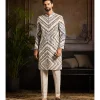 White Chevron Print & Gold Highligted Jacket Paired With White Pants