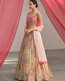 White Pink Printed Lehenga Set