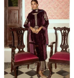 Wine Embroidered Velvet Kurta Set