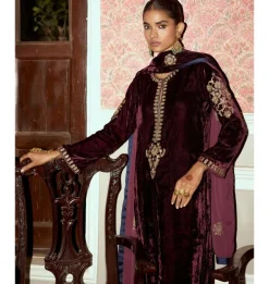 Wine Embroidered Velvet Kurta Set